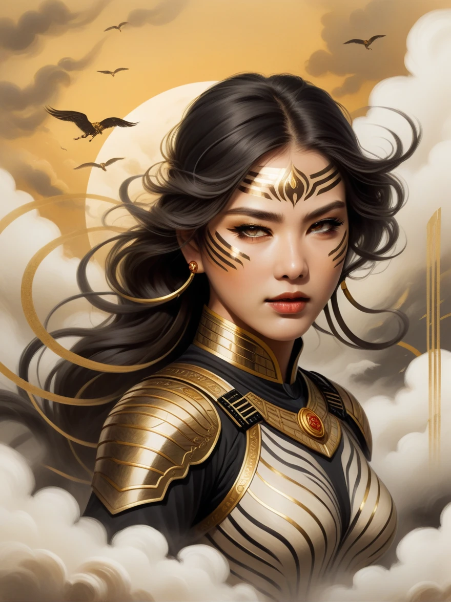 The antrapomorphic Tigress girl roared towards the camera, a close-up portrait with thin lines, gold and black background, air clouds, hand-drawn illustrations, images in the style of cloudpunk, in the style of Chinese traditional painting, against a background of smoke and clouds, golden lines, delicate brush strokes, close-up. overview, full-length shot, beige color scheme, high detail and resolution. 