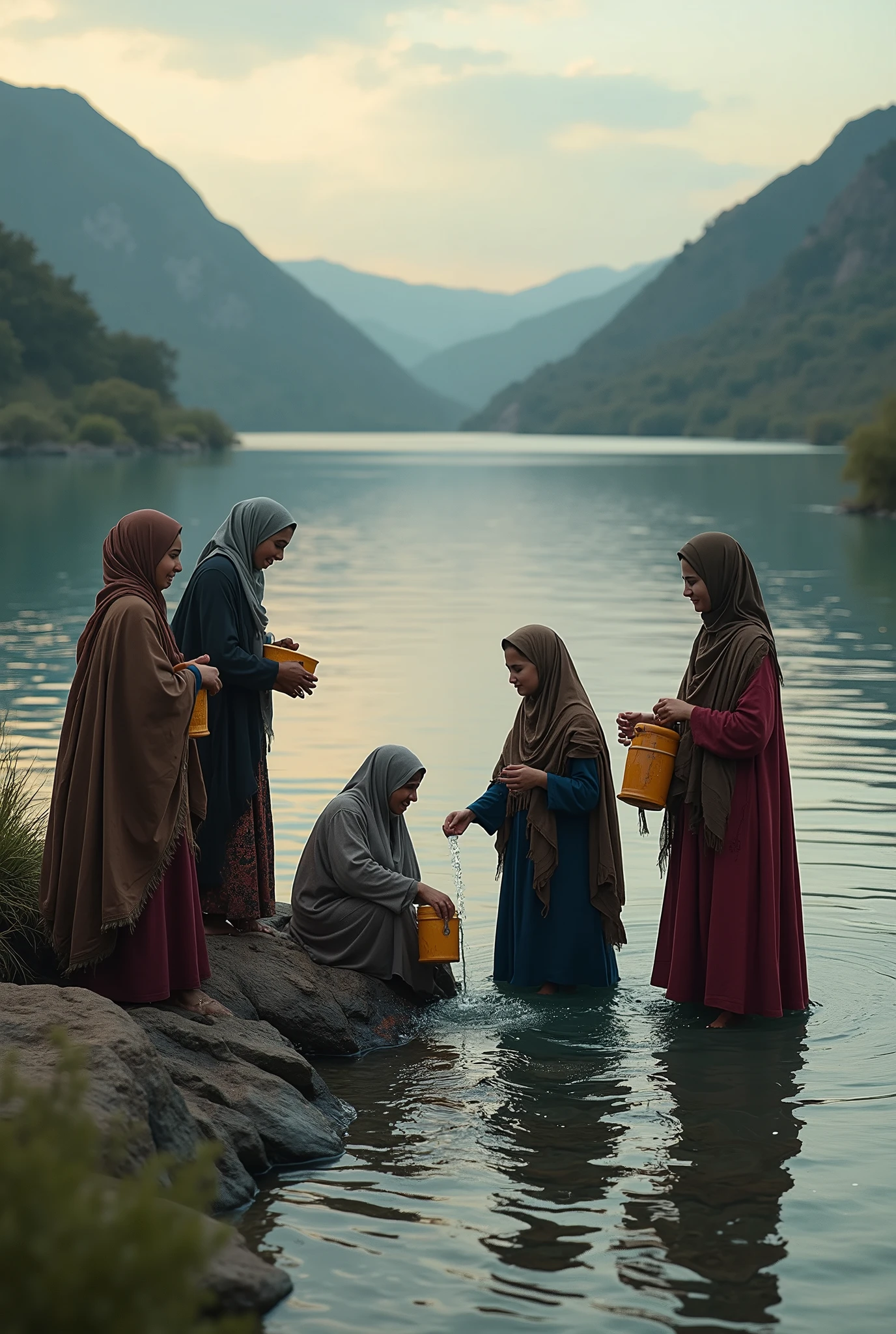 (Meilleure qualité, haute résolution : femmes arabes dans la rivière remplissant les abreuvoirs d'eau, riant et discutant entre elles, éclairage sombre et maussade (mise au point lointaine : 1,6), plan d'ensemble,