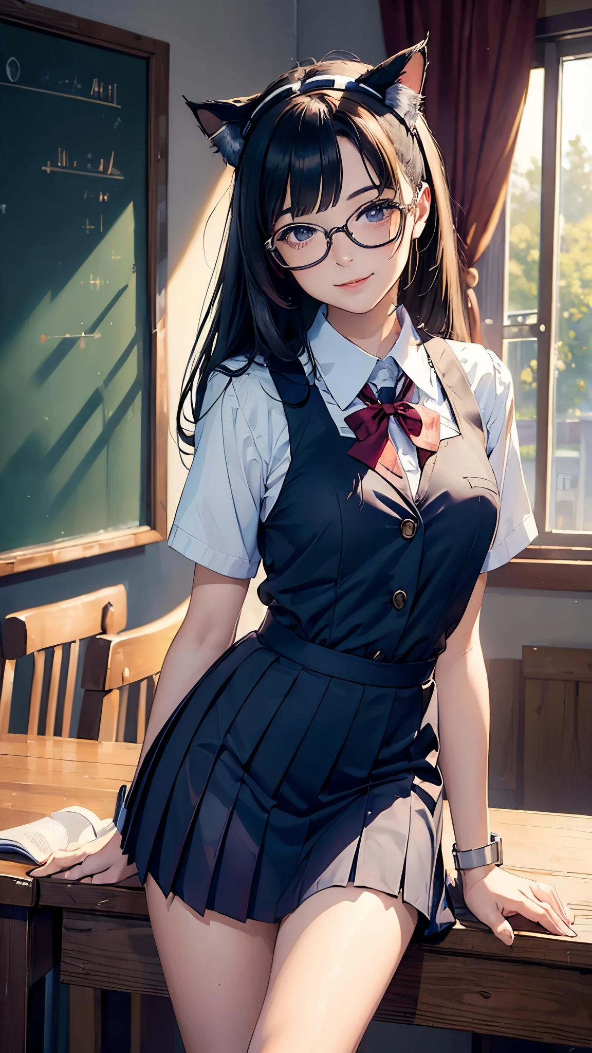 (masterpiece, best quality, high resolution:1.4), 1girl, mirabel madrigal, cat ears, (school uniform:1.2)  glasses, smile, looking at viewer, 