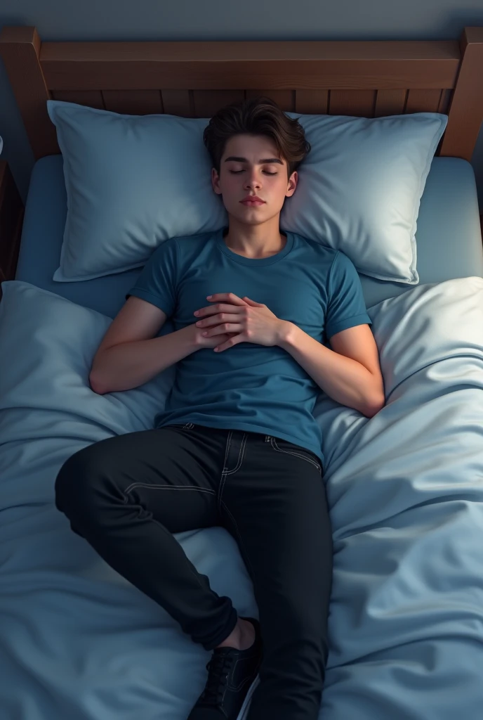 A handsome teenager boy wearing blue tshirt, black tight-fitting jeans and black shoes while sleeping in bed