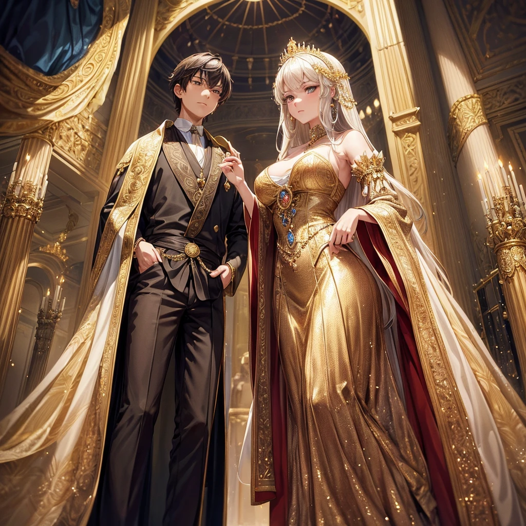 NSFW, Create a high-resolution, highly detailed anime-style illustration that captures the grandeur and elegance of a medieval Western royal family. The illustration should feature a king, queen, and princess, each radiating an aura of nobility and power. The royal family is depicted in a luxurious setting, surrounded by opulent decorations and ornate elements that emphasize their status. The king stands tall, exuding authority and wisdom; the queen, graceful and composed, reflects regality; and the princess, youthful yet poised, symbolizes hope for the future. The subjects are dressed in richly detailed royal attire, with intricate patterns and designs that showcase their wealth and influence. The overall composition should evoke a sense of awe and respect from those who view it, as if the family is a beacon of leadership and power. The lighting is soft yet dramatic, enhancing the textures and depth of the characters and their surroundings. The background is an elaborate palace interior with grand pillars, velvet drapes, and majestic chandeliers. The illustration should maintain a balance between realism and the softness typical of anime art, ensuring that every detail, from the characters' facial expressions to the smallest elements in the background, contributes to the overall impact of the piece. --royal family, --Noble Princesses, --sexy, --erotic