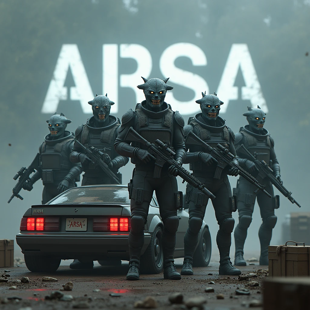 There are 4 different soldiers and all 4 soldiers look different from each other and are like half demons standing in a battlefield holding different advance guns. Between the 4 soldiers there is a car loaded with ammunition and medkit and the number plate has "ARSA" written on it. In the background of image "ARSA" is written in demonic font and cold colours. There are death crates around the soldiers. 2 of the soldiers hold different sniper gun