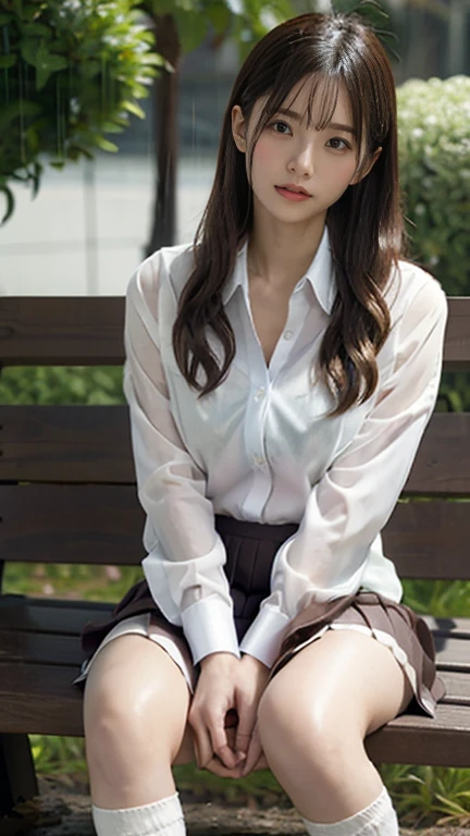 Fascinating anime, [ 4K Digital Art ]!!,Hyperrealistic Painting, Art with attention to detail, 8K high resolution, Detailed Art,Curvy Tanned Gal,(puppet,Thick lips:1.2),Dress shirt,cardigan,Side details,Pleated skirt,Brown Loafers,blonde,(Dark Skip:1.3),loose socks,heavy rain, (heavy rainでずぶ濡れ), (A wet, see-through shirt), Wet Hair, Wet Skin, Wet Uniform, ((Bra showing through the shirt)), Sweaty,close,((On a park bench)),at the park,(Blushed), ((Spread your legs、Her white panties are in full view))