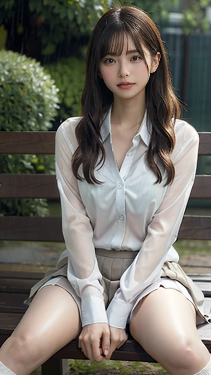 Fascinating anime, [ 4K Digital Art ]!!,Hyperrealistic Painting, Art with attention to detail, 8K high resolution, Detailed Art,Curvy Tanned Gal,(puppet,Thick lips:1.2),Dress shirt,cardigan,Side details,Pleated skirt,Brown Loafers,blonde,(Dark Skip:1.3),loose socks,heavy rain, (heavy rainでずぶ濡れ), (A wet, see-through shirt), Wet Hair, Wet Skin, Wet Uniform, ((Bra showing through the shirt)), Sweaty,close,((On a park bench)),at the park,(Blushed), ((Spread your legs、Her white panties are in full view))