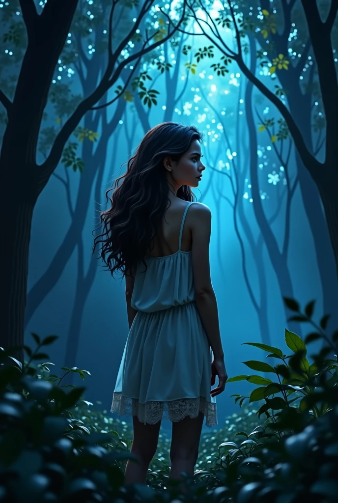 Create an image of a girl standing in a dark black forest, where tall trees seem to envelop her in shadows. Her brown skin shines subtly under the soft blue light that filters through the leaves.. Her brown hair, long and wavy, cascades over her shoulders to her waist, gently moving in the breeze. Her dark brown eyes reflect a gleam of curiosity and courage..