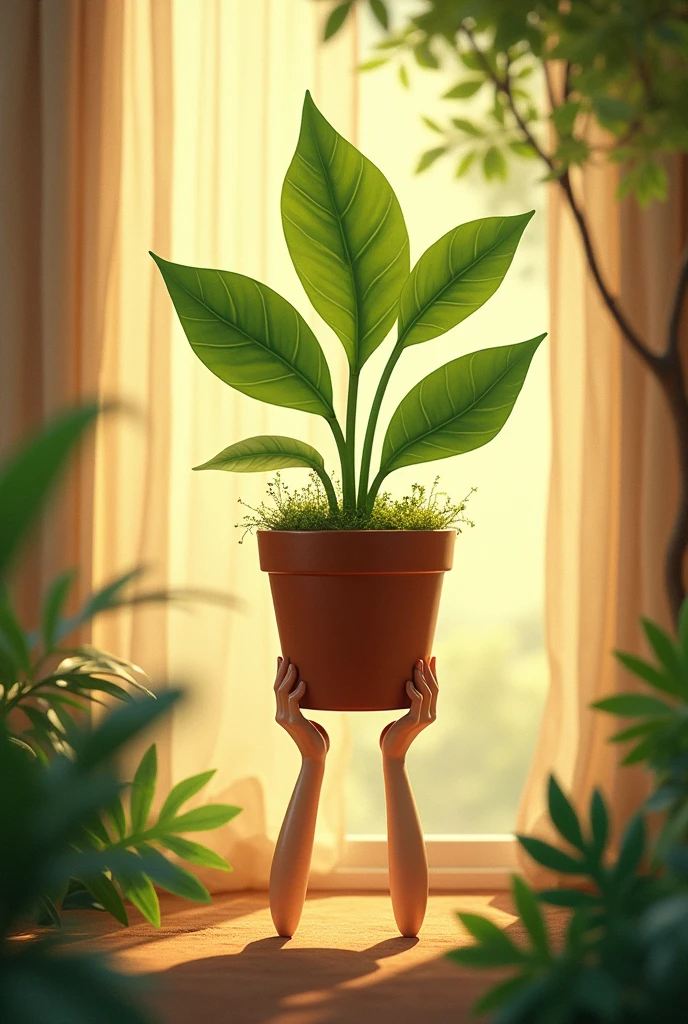 S A plant pot artfully lifted
by human structure neem leaf the neem leaf
forming a two human girl boy  figure-like shape. The
scene is set on a grond with a
tree and leaf in the
background, with warm, soft
lighting filtering through sheer
curtains, creating a cozy and
inviting atmosphere. The focus is
on the nem leaf, which appear to
be almost dancing, with a
realistic, detailed, and slightly
surreal style.