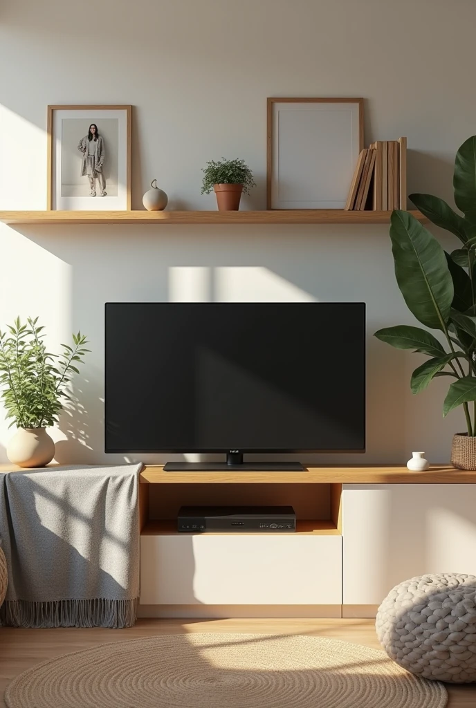 make a television on a shelf make it more middle class take that gray cloth off the end and remove that plant from the shelf