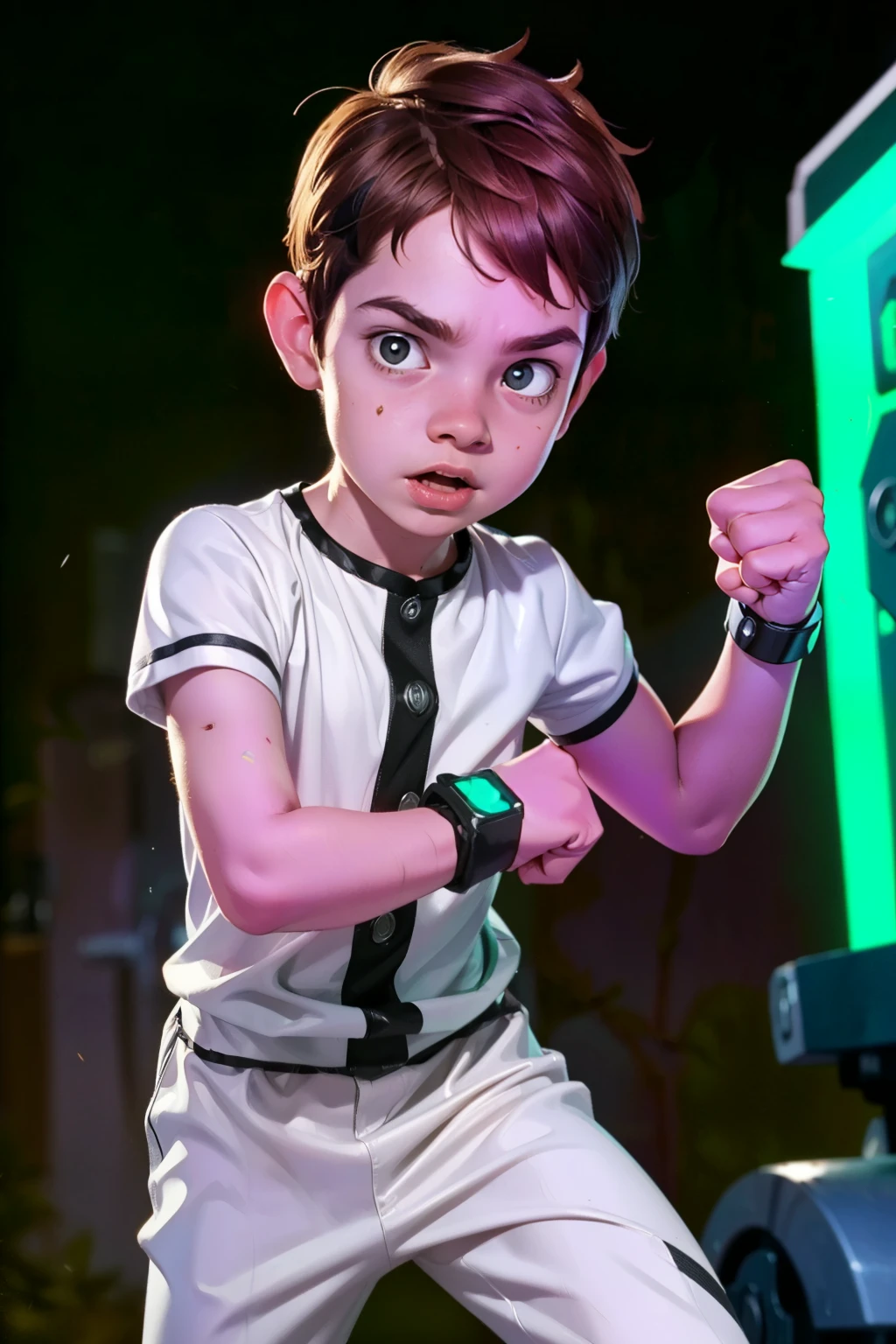 Movie poster, Ben 10 ((A child, *** ))), ((wearing a white outfit with black stripe in the center, showing fist. ((Machine on arm)) . Action facial expression )) . highy detailed, face detailed, realisitic, cinematic lighting, studio quality, proffesional, face detailed, intrikate, bright coloured. ((abstract lighting background)).