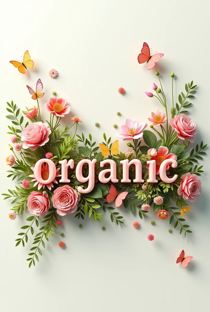 Create the name "Organic" by flowers and butterflies, by Rose Henriques, realistic 3 d style, rolands zilvinskis 3d render art, cute 3 d render, trend on behance 3d art, trend on behance 3 d art, by reyna rochin, rendered in cinema4d, rendered in cinema 4 d