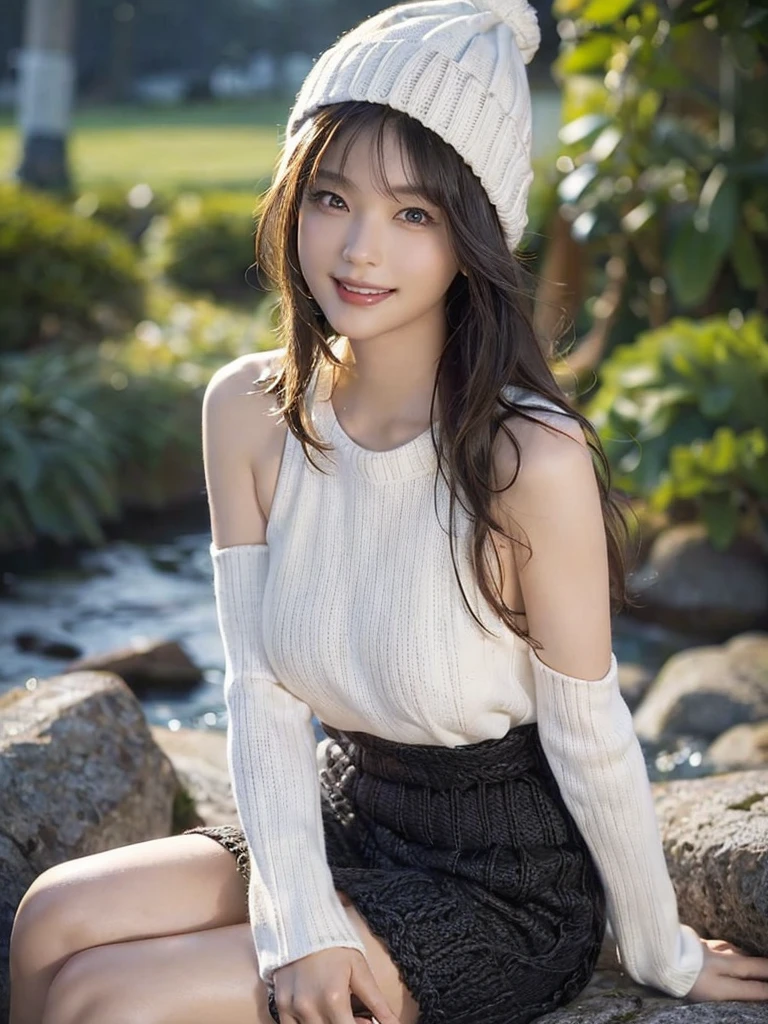 (masterpiece, Highest quality,high resolution), ((One person, Adult women,Sexy,smile,alone)), Ishmael_edge, Beautiful Skin, Beautiful breasts,Bare arms, Beautiful ,Exposing shoulders, knit sweater , High leg cut  , knit hat, ,High neck,,Detailed face,Beauty, Sharp focus, black Hair, autumn scenery,