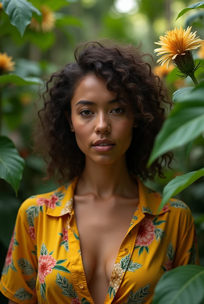 A Brazilian woman in a lush tropical garden, wearing an open shirt with a floral print, with a close-up capturing the harmonious beauty between her  and the natural flowers, showing off your natural charm and outgoing personality.