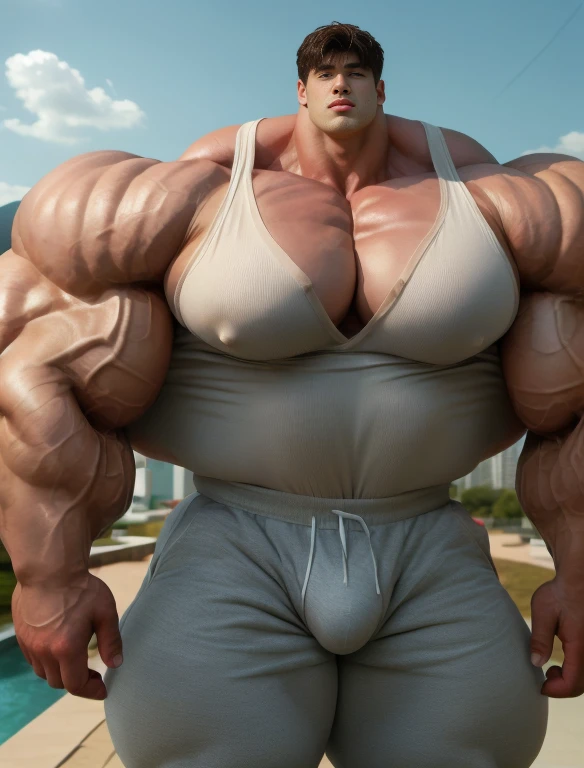 1boy, giant, asian, solo, giant bodybuilder, golden hour, strong body, bulk, large size, standing before a hill, outdoor, wear white sleeveless shirt and blue triangular underwear with enormous bulge, extraordinary big, brutalmass, giant muscular body, bulk, buff, massive body, large meaty body size, extremely wide body, tallest body