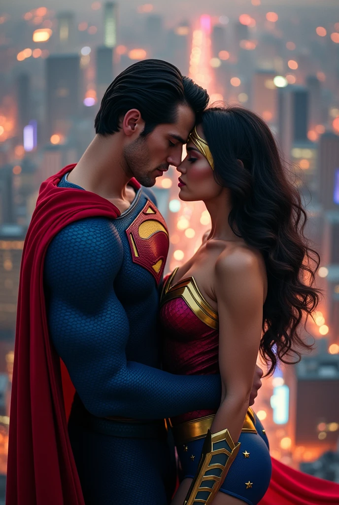 superman, lying on top of buildings with a view of Seoul and making love to wonderwoman