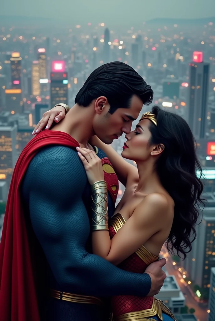 superman, lying on top of buildings with a view of Seoul and making love to wonderwoman