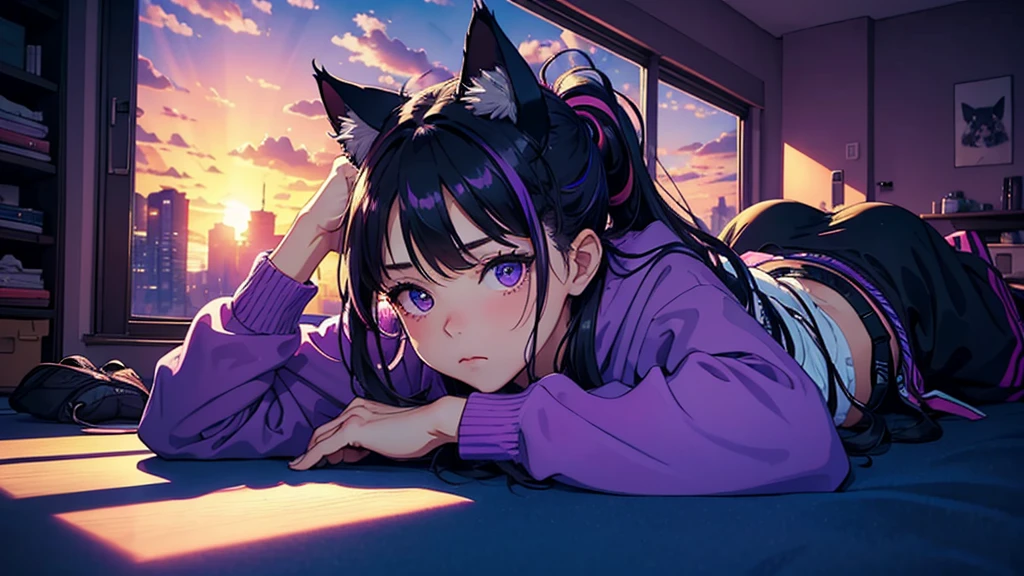 Masterpiece, high Quality, girl, hair tied up, cat ears, hair with colorful highlights, big clothes, baggy clothes, comfortable clothes, indoors, night, sunset, dark room, distractedly fiddling with something, lying down, synthwave colors, deep purple and blue,