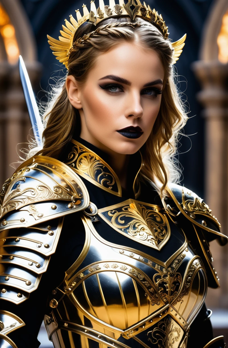 a close up of a woman in armor with a sword, stunning armor, wearing fantasy armor, very stylish fantasy armor, gold heavy armor. dramatic, beautiful armor, fantasy armor, black and gold armor, gothic armor, wearing ornate armor, intricate armour costumes, female armor, ornate gothic armor, ornate , wearing louis vuitton armor, girl in knight armor