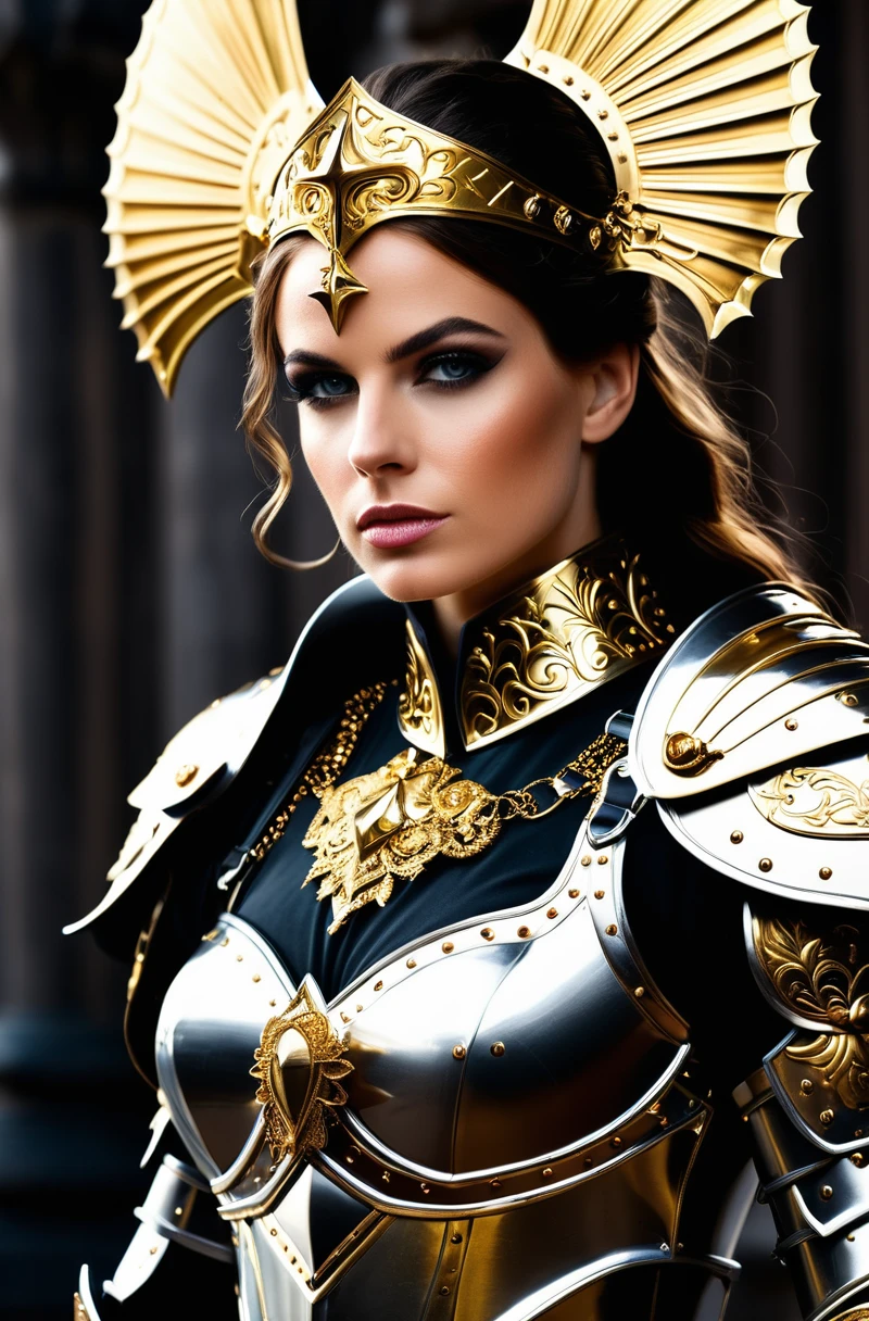 a close up of a woman in armor with a sword, stunning armor, wearing fantasy armor, very stylish fantasy armor, gold heavy armor. dramatic, beautiful armor, fantasy armor, black and gold armor, gothic armor, wearing ornate armor, intricate armour costumes, female armor, ornate gothic armor, ornate , wearing louis vuitton armor, girl in knight armor