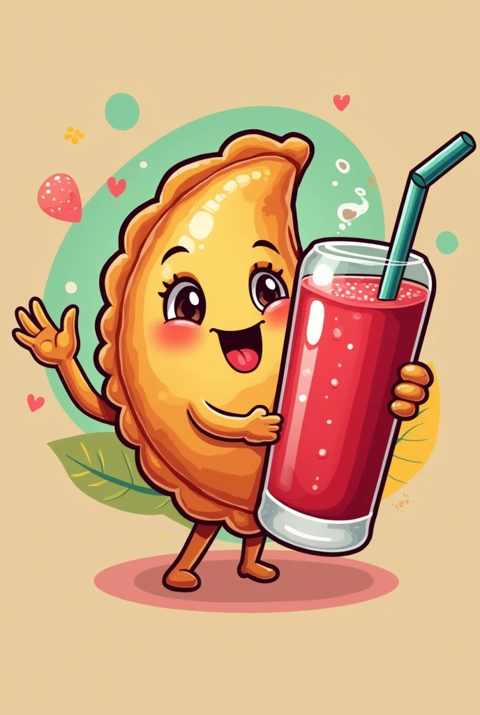 make me a logo that contains a fried empanada in the shape of a character holding a strawberry juice
