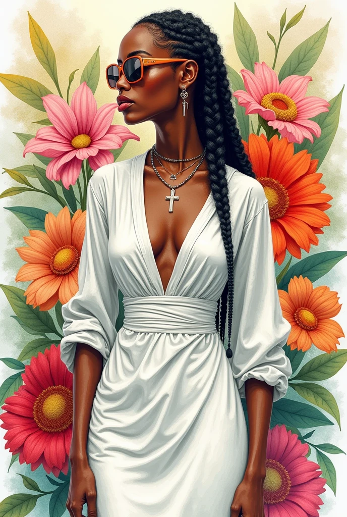 Full body, water colors, ink drawing, beautiful cyberpunk Ethiopian habesha woman, wearing smart digital sunglasses, clean defined delicate features, stylish long white cotton dress, cross necklace , colorful floral background, in the style of Albaso braids