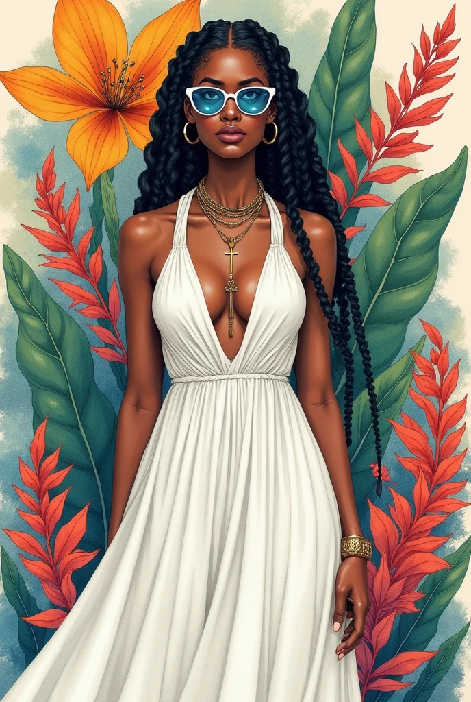 Full body, water colors, ink drawing, beautiful cyberpunk Ethiopian habesha woman, wearing smart digital sunglasses, clean defined delicate features, stylish long white cotton dress, cross necklace , colorful floral background, in the style of Albaso braids