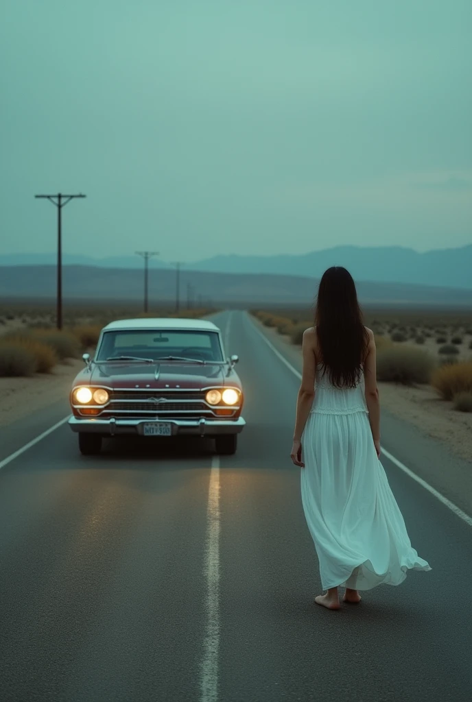 car stopped on a deserted road, to offer help to a woman in a white dress lost on the road