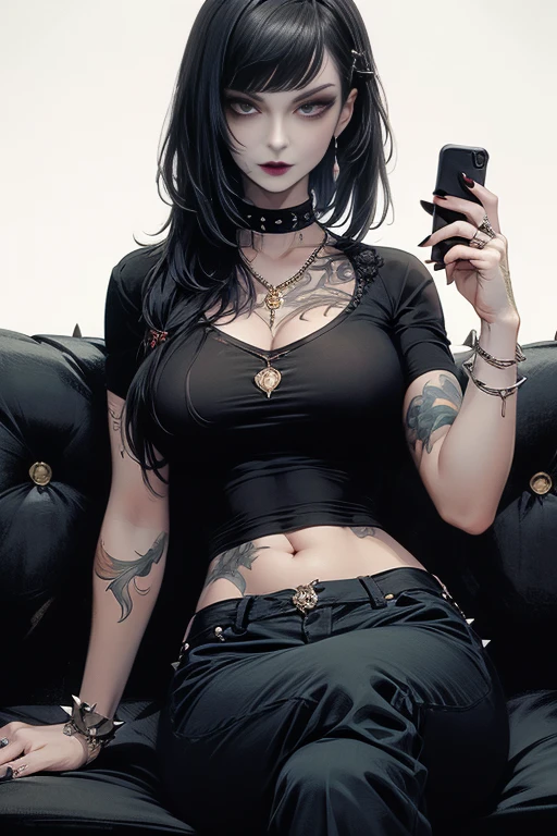 gothic woman, pale skin, black lipstick, pelo negro largo y liso con flequillo, spiked choker, ropa negra, pechos grandes, cintura delgada, Caderas anchas, cara atractiva, camiseta negra, pantalones cortos negros, spiked bracelet, Talking on a cell phone, en una llamada de celular, sitting on the couch