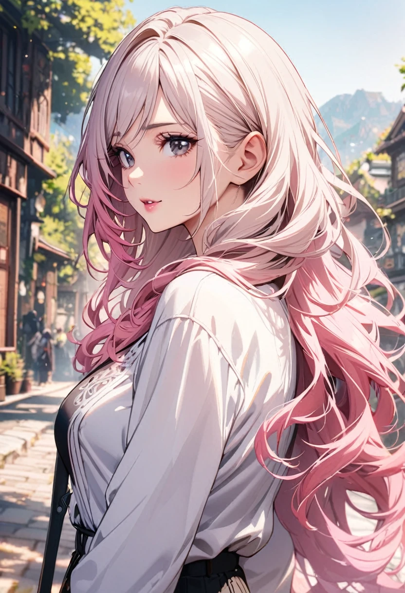 girl, woman, mature, black eyes, white hair, pink hair, long hair, beautiful eyes, beautiful color, beautiful background, high detail