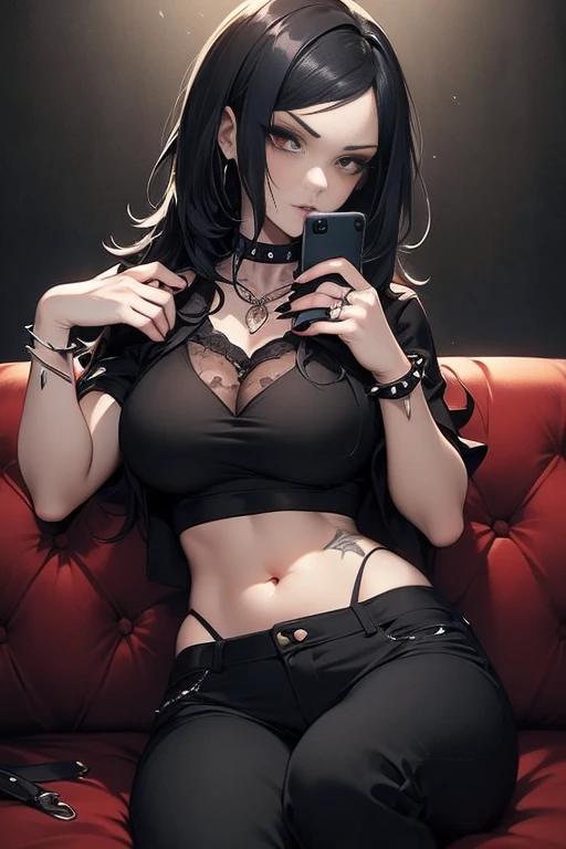 gothic woman, pale skin, black lipstick, pelo negro largo y liso con flequillo, spiked choker, ropa negra, pechos grandes, cintura delgada, Caderas anchas, cara atractiva, camiseta negra, pantalones cortos negros, spiked bracelet, Talking on a cell phone, en una llamada de celular, sitting on the couch