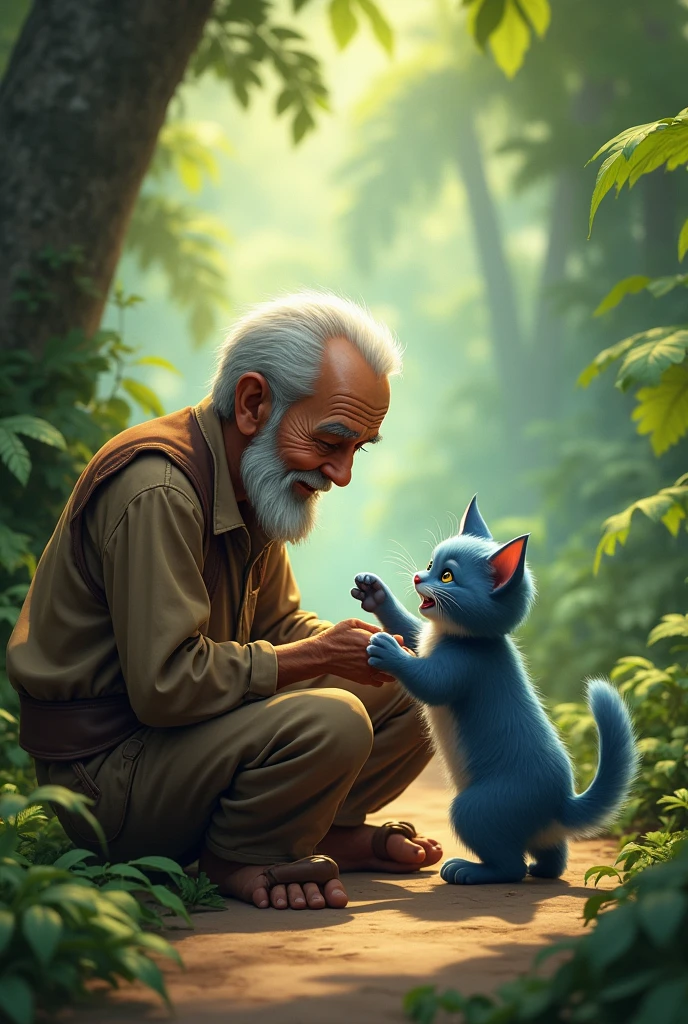 An  poor old man with small France beard in brown clothes and a little cute blue kitten play together in the jungle ai image