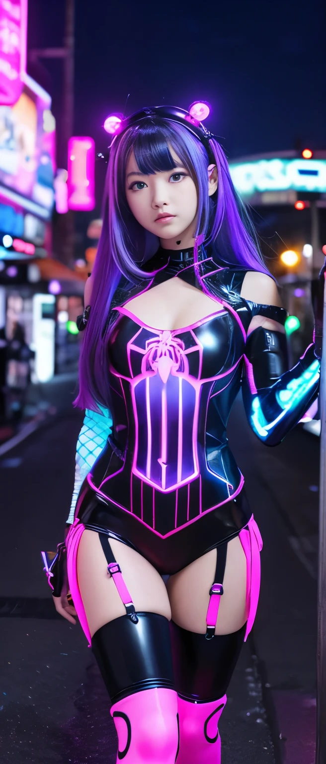 cyberpunked、Esbian, Queen idol who rules over spiders、、fluorescent pink costume、、、fluorescent pink spider web、Luminescent、Colorful hair