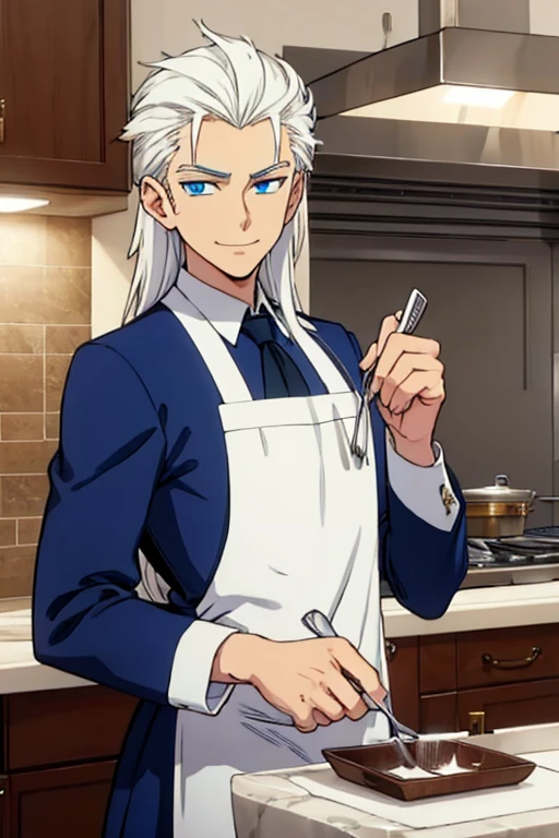 Perfect face. Perfect hands. A young white haired man with blue eyes and long hair in a butler's uniform is smiling while baking cakes in a fancy kitchen