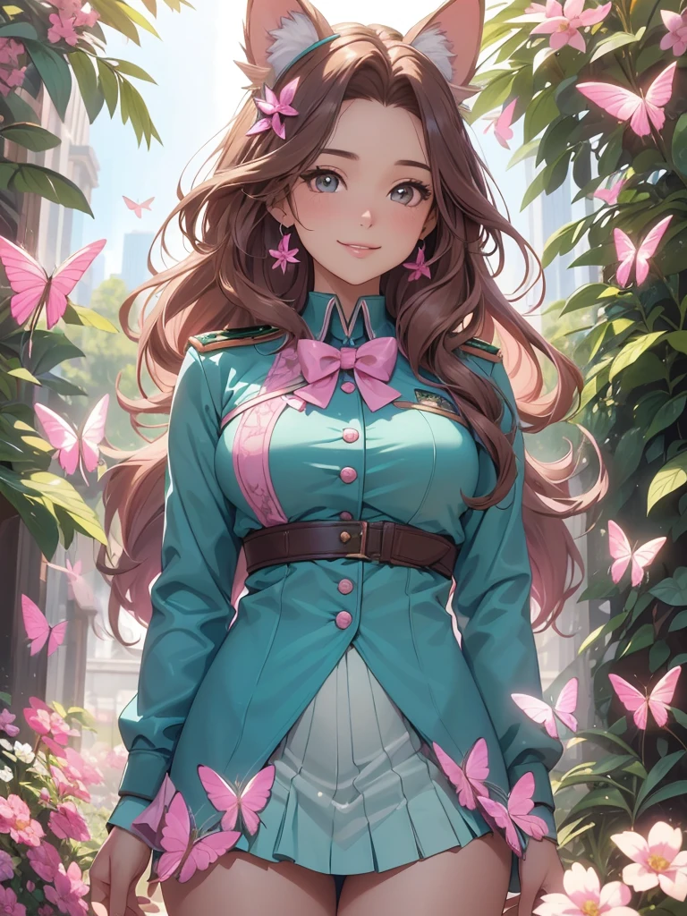 (best quality,4k,8k,highres,masterpiece:1.2),ultra-detailed,(realistic,photorealistic,photo-realistic:1.37),acrylic painting,beautiful Brazilian model in a uniform outfit with downy hair,beautiful Brazilian model with extremely colorful brown hair and detailed facial features,beautiful Brazilian model standing in a beautiful garden sakura flowers, long hair,cat ears, hair bows, teal and pink uniform outfits, smile, happy face,light  brown  hair,butterflies, brown eyes,  mature woman, older woman, 30 year old, adult woman. Older lady, posing,Solo, teal and pink butterflies 