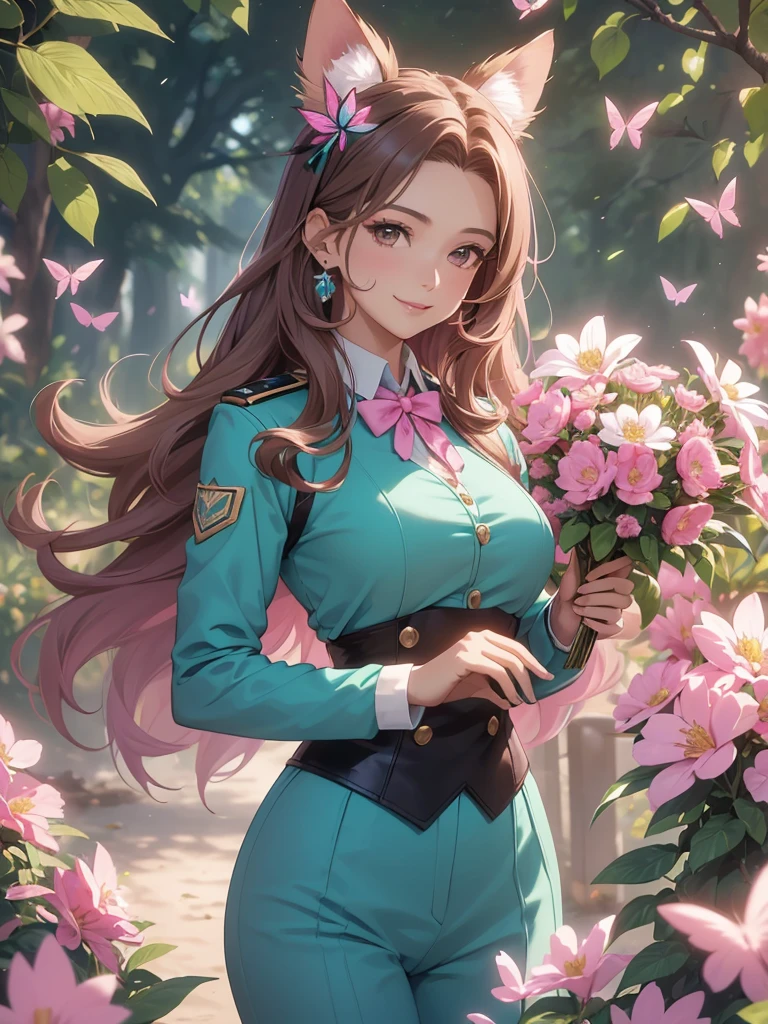 (best quality,4k,8k,highres,masterpiece:1.2),ultra-detailed,(realistic,photorealistic,photo-realistic:1.37),acrylic painting,beautiful Brazilian model in a uniform outfit with downy hair,beautiful Brazilian model with extremely colorful brown hair and detailed facial features,beautiful Brazilian model standing in a beautiful garden sakura flowers, long hair,cat ears, hair bows, teal and pink uniform outfits, smile, happy face,light brown hair,butterflies, brown eyes, mature woman, older woman, 30 year old, adult woman. Older lady, posing,Solo, teal and pink butterflies