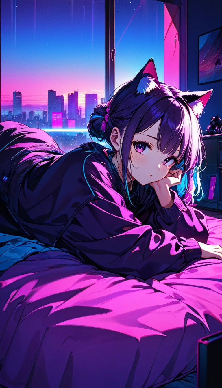 Masterpiece, high Quality, girl, hair tied up, cat ears, hair with colorful highlights, big clothes, baggy clothes, comfortable clothes, indoors, night, sunset, dark room, distractedly fiddling with something, lying down, synthwave colors, deep purple and blue,
