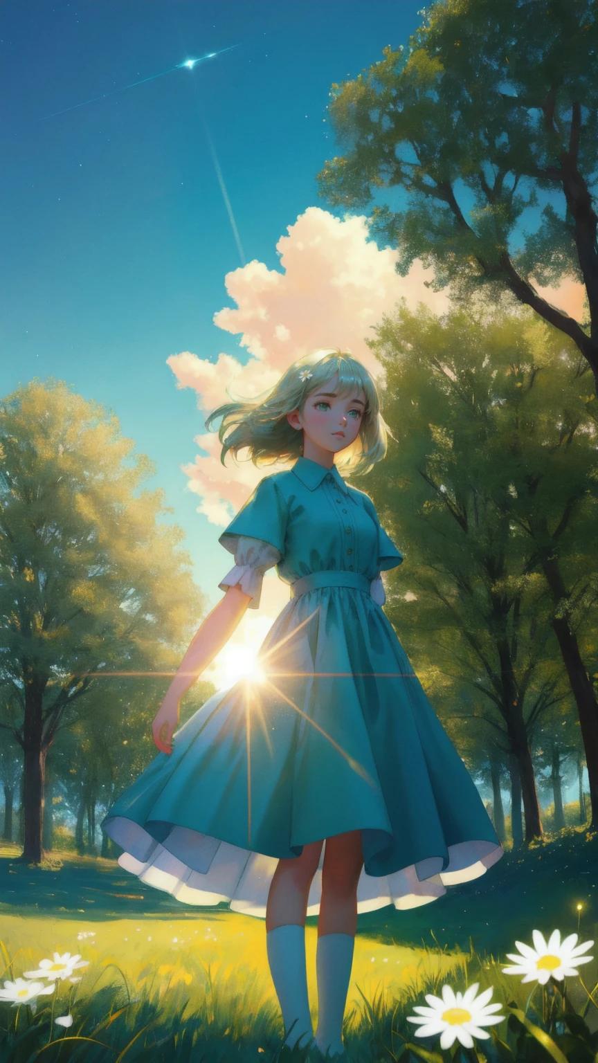 A cute anime girl with a round head and large, sad eyes stands on a golden platform in a lush green field. She has a metallic, robot-like body with a shiny gold and blue surface that reflects light. The girl is holding a detailed, oversized sandwich in one hand. Her posture suggests distress or concern.
The scene is set in a picturesque park with vibrant green grass, flowers, and trees in the background. A wooden picnic table is visible in the middle distance. The sky is a clear blue with dramatic, star-like light bursts and lens flares.
The lighting is intense and magical, with golden rays and sparkles emanating from the girl's body and the surrounding environment. A large, bright sun or light source dominates the upper left corner of the image.
In the foreground, there's a white daisy and other small plants adding detail to the grassy area. The overall style is hyper-realistic 3D rendering with a touch of whimsy, featuring high contrast, vivid colors, and intricate details.
The image conveys a surreal blend of nature, technology, and emotion, with the girl appearing both out of place and magically integrated into the serene park setting.