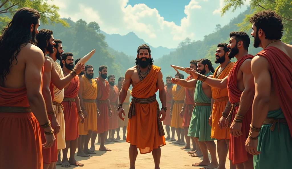 A group of villagers standing in a circle, laughing and pointing at Arjun, who looks determined despite their mockery. The backdrop shows the village landscape, emphasizing their traditional attire and expressions.