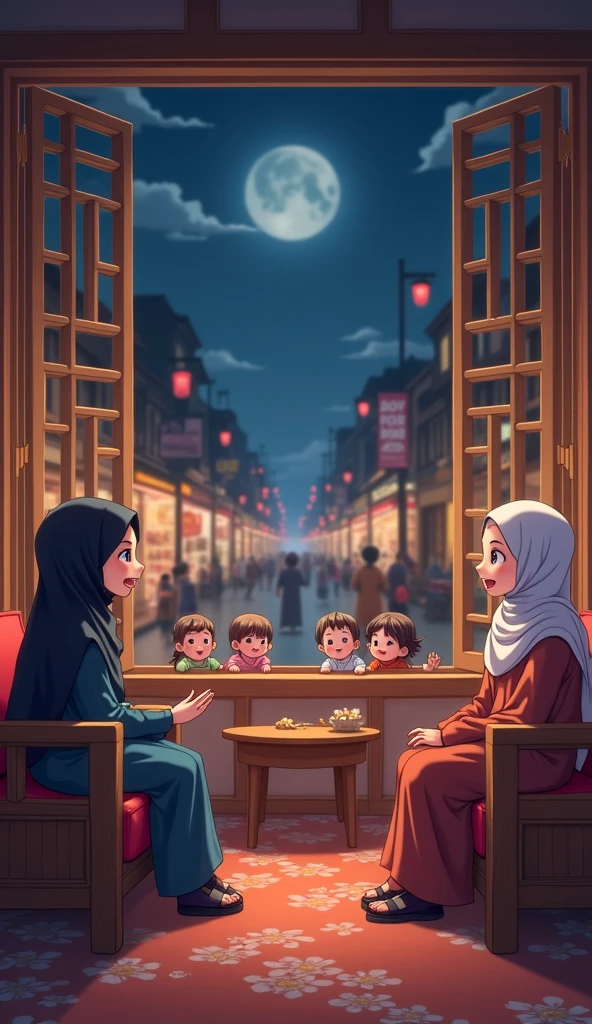 2D  anime teenage cute girl waring loose abaya with hair  full cover hijab ,sitting is left side of her  room, on chinese style wooden sofa , and guests sitting is right side her room on chinese style wooden sofa, she talking to guests and laughing so hardly with  peacfully,   all guests  wearing loose abaya with hair cover, with   girl and boy, babys sittingh her mothers,  guests  behind them a open window, window is opening, outside the window many  clothes and toys shops in rows, and people  doing shopping, and walking, timing is dark  moonight 