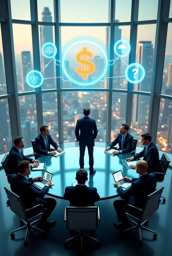 A futuristic corporate boardroom high in a skyscraper with large glass windows overlooking a city. In the center, a glass circular conference table with eight businessmen in dark suits sitting around it. A confident businessman stands on the table, facing the viewers, with a large glowing speech bubble containing a golden dollar symbol. Around the main bubble, smaller bubbles with icons like a maze, shield, growing graph, key, umbrella, and question marks, connected by glowing lines.