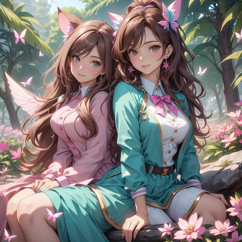 (best quality,4k,8k,highres,masterpiece:1.2),ultra-detailed,(realistic,photorealistic,photo-realistic:1.37),acrylic painting,beautiful Brazilian model in a uniform outfit with downy hair,beautiful Brazilian model with extremely colorful brown hair and detailed facial features,beautiful Brazilian model standing in a beautiful garden sakura flowers, long hair,cat ears, hair bows, teal and pink uniform outfits, smile, happy face,light brown hair,butterflies, brown eyes, mature woman, older woman, 30 year old, adult woman. Older lady, posing,Solo, teal and pink butterflies, sitting