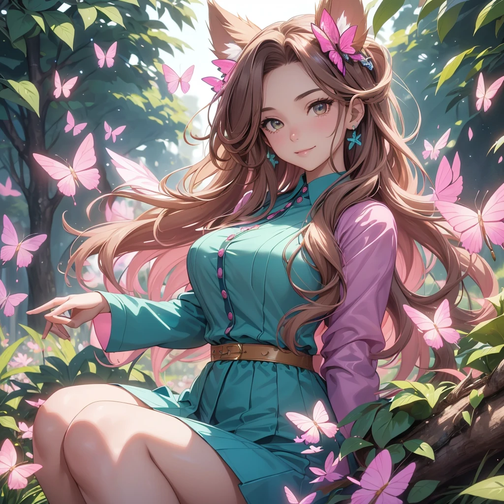 (best quality,4k,8k,highres,masterpiece:1.2),ultra-detailed,(realistic,photorealistic,photo-realistic:1.37),acrylic painting,beautiful Brazilian model in a uniform outfit with downy hair,beautiful Brazilian model with extremely colorful brown hair and detailed facial features,beautiful Brazilian model standing in a beautiful garden sakura flowers, long hair,cat ears, hair bows, teal and pink uniform outfits, smile, happy face,light  brown  hair,butterflies, brown eyes,  mature woman, older woman, 30 year old, adult woman. Older lady, posing,Solo, teal and pink butterflies, sitting