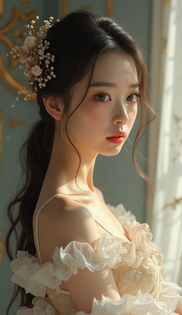 (High resolution,masterpiece:1.2),(Realistic:1.37)"(Highest quality, High resolution, Very detailed, Realistic),Portrait of a beautiful Japanese ballet dancer from the 19th century, (She is half Ukrainian and half Kenyan., She is a beautiful woman with deep brown eyes and a high nose.:1.1), Exquisite ballet costumes, Detailed facial features, Long and graceful neck, Flowing locks of hair, Calm and elegant posture, Soft and delicate lighting, Vibrant colors, Delicate background with star motif", Dreamy atmosphere, Surrealism,Mysterious Aura