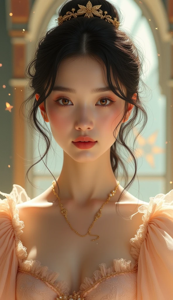 (High resolution,masterpiece:1.2),(Realistic:1.37)"(Highest quality, High resolution, Very detailed, Realistic),Portrait of a beautiful Japanese ballet dancer from the 19th century, (She is half Ukrainian and half Kenyan., She is a beautiful woman with deep brown eyes and a high nose.:1.1), Exquisite ballet costumes, Detailed facial features, Long and graceful neck, Flowing locks of hair, Calm and elegant posture, Soft and delicate lighting, Vibrant colors, Delicate background with star motif", Dreamy atmosphere, Surrealism,Mysterious Aura