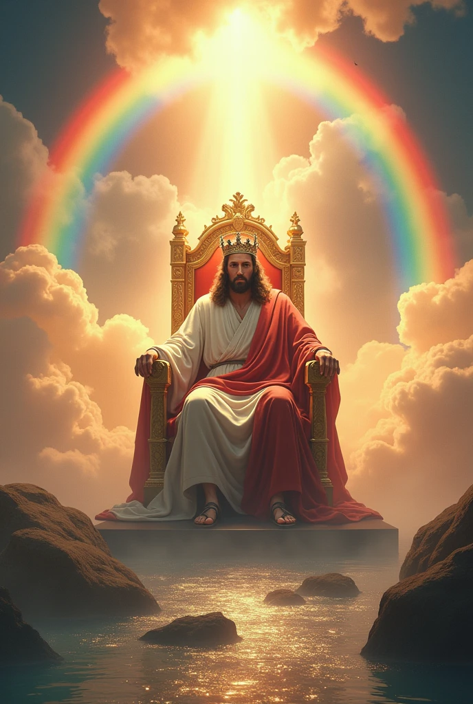 Jesus sitting on a majestic throne in a celestial setting. He is surrounded by a vibrant rainbow arching over him, symbolizing peace and divinity. Jesus wears a magnificent, ornate crown, symbolizing his kingship, with a serene and benevolent expression. On his feet, he wears royal sandals, adding to his majestic appearance. In front of the throne, a serene, sparkling river flows, reflecting the rainbow and celestial light. The scene is filled with soft, glowing clouds and beams of light, creating a divine and awe-inspiring environment, with every detail rendered in the highest quality possible.