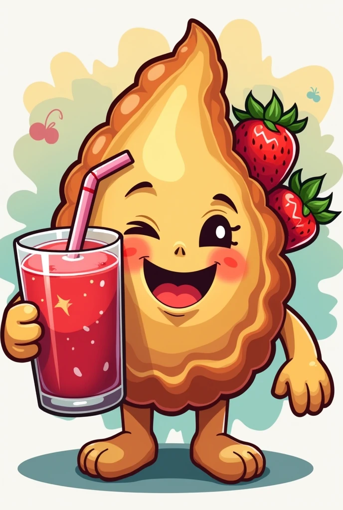 make me a logo that contains a fried empanada in the shape of a character holding a strawberry juice