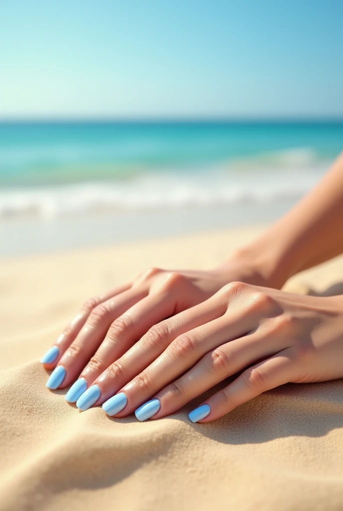 Light blue French nails、Sandy beach background、Ultra HD