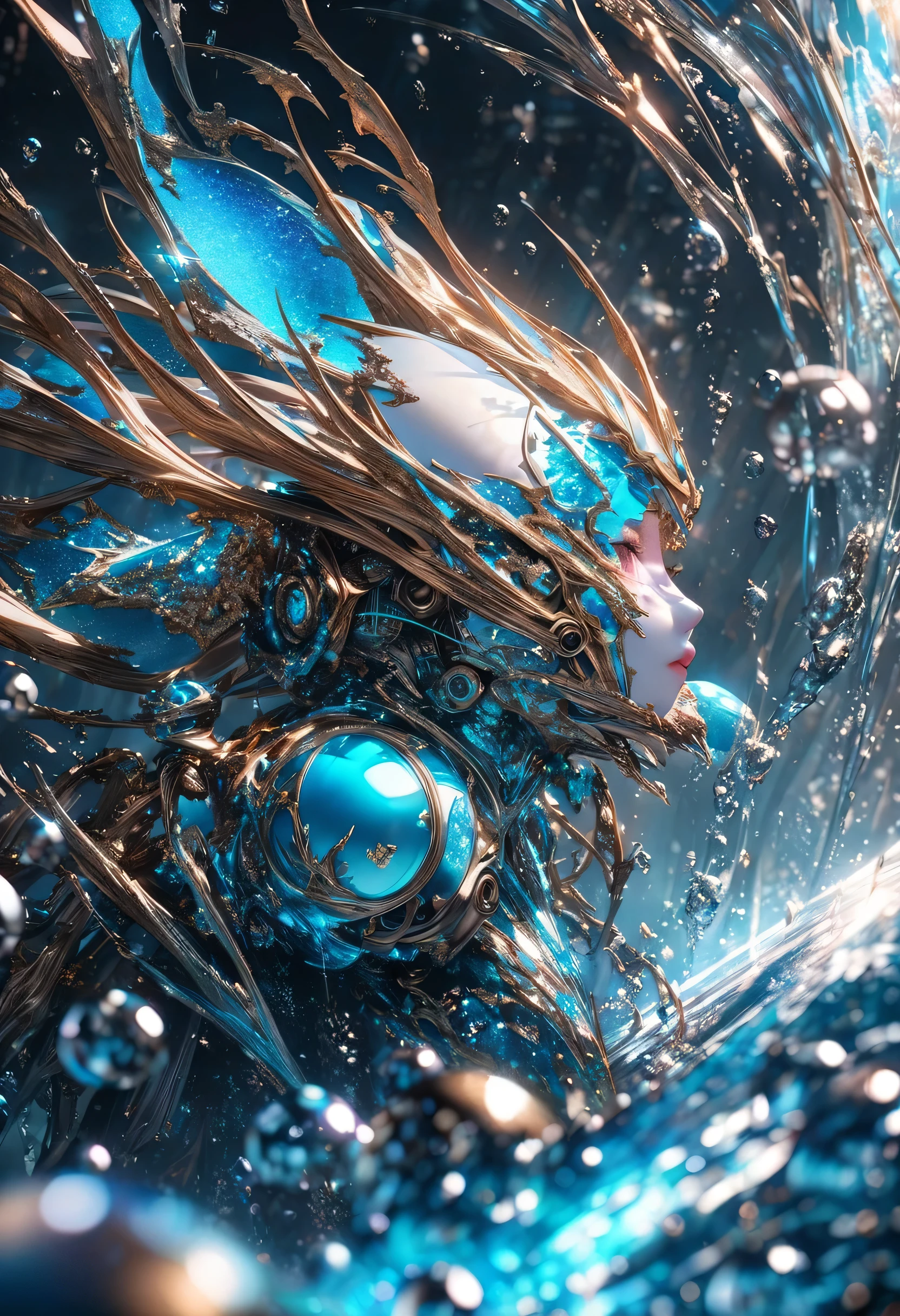 Conceptual installation fantasy art, Cute chibi animal-based android cyborg trapped in falling ice droplets, The background is iridescent metallic Tiffany blue, (Super detailed, The absolute solution, Highest quality:1.3), 2.5D, Subtle and dynamic effects, Glitter effect, Artistic photography, Ultra-realistic, Graphics CG Digital Art