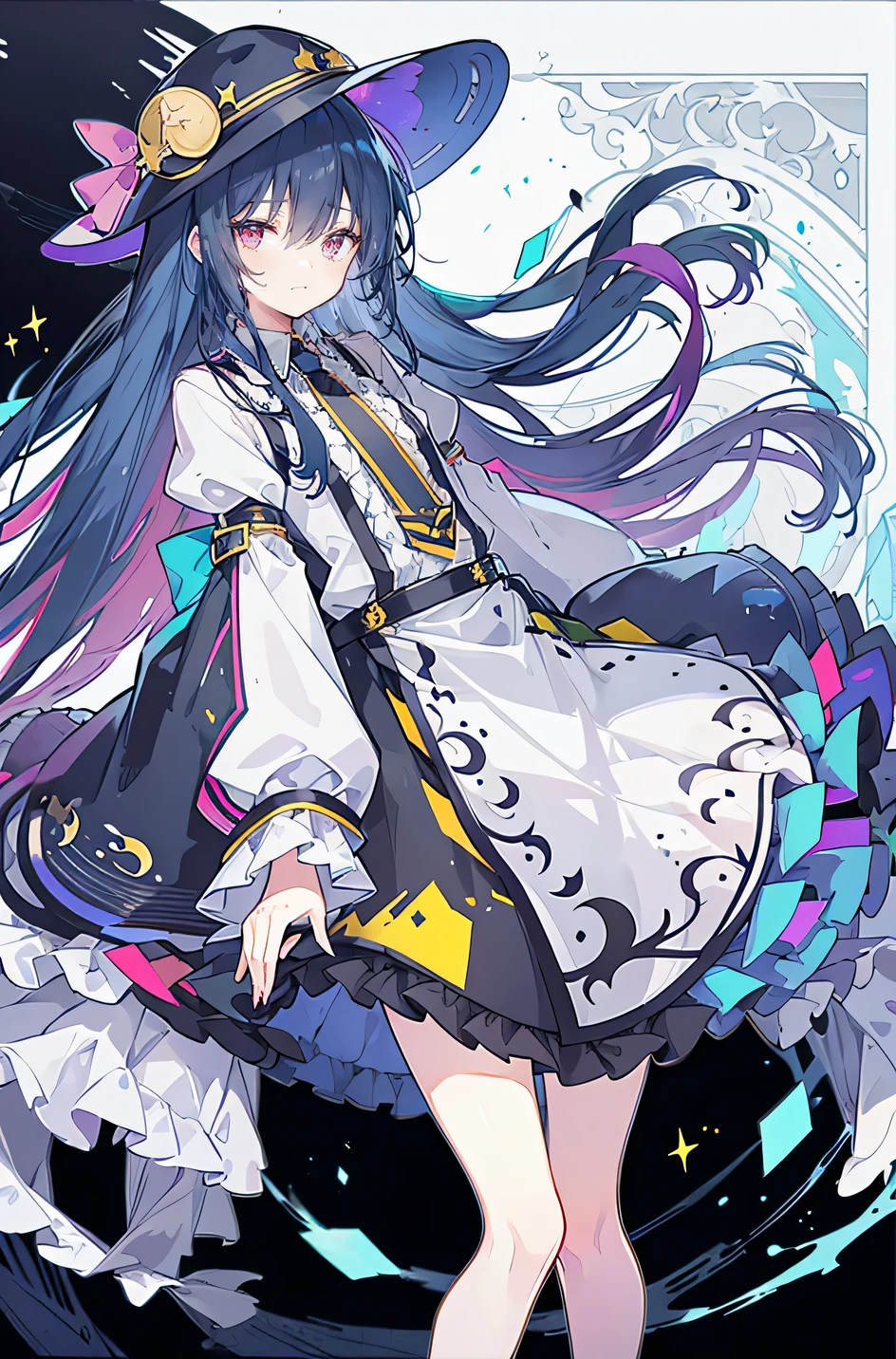 Young girls,human nature,The magician always smiles,Big witch hat,Cute,dark blue long hair,eyes glazed over,Bangs are very heavy,Thin eyebrows,fantasy,Admission,double teeth,star theme,Constellation pattern,solid color clothing decoration,Cloak,A bit of a dark atmosphere,a little crazy smile,When the big moon shines outside at night,Blood,Hair black stars embellishment,short tie,no nails,High waist skirt,Bell sleeves,long sleeve shirt,black tie,low risk,Gentlemen。mist、Yellow and white effect,Shocking pink as an accent color,Hinanawi