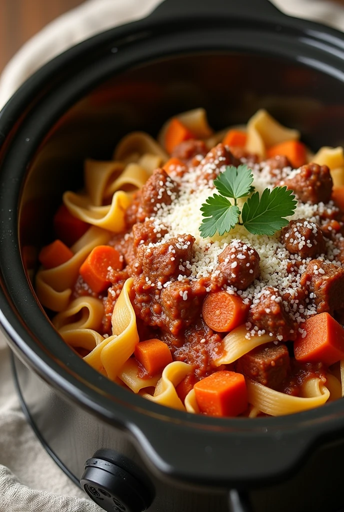 Classic Bolognese with Fall Vegetables Cooked in a Slow Cooker for 6 People
