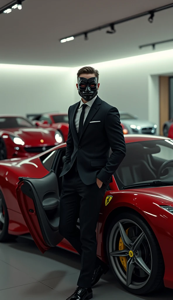 young billionaire man with anonymous mask getting out of a ferrari in a garage of a modern minimalist mansion with many cars ferrari lamborguini mustang porsche