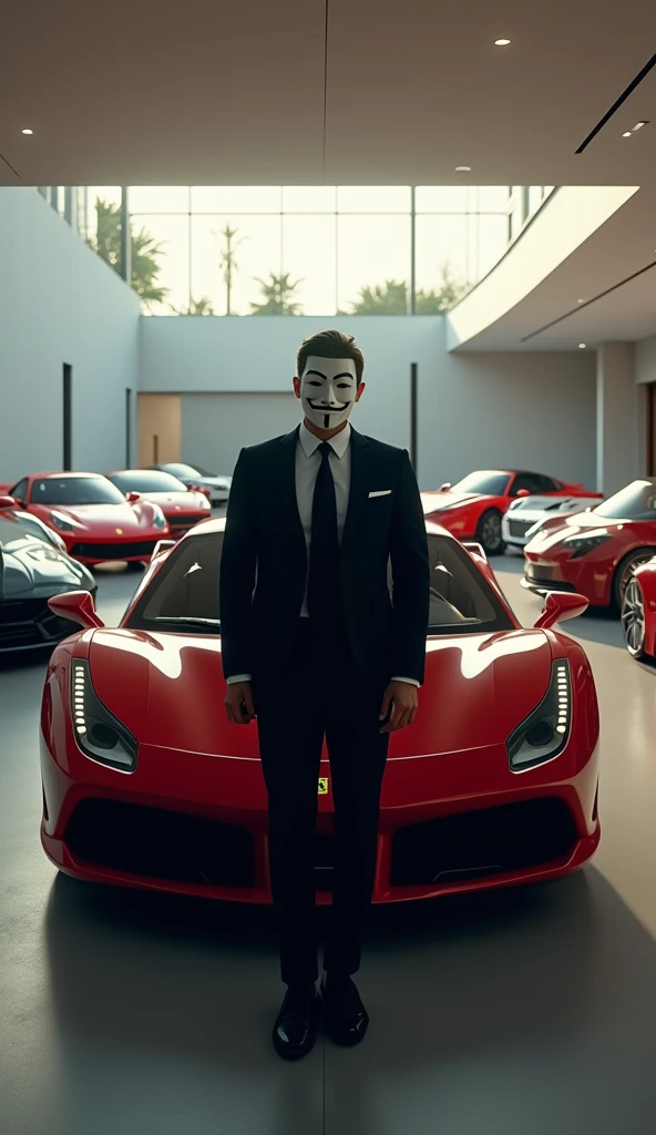 young billionaire man with anonymous mask getting out of a ferrari in a garage of a modern minimalist mansion with many cars ferrari lamborguini mustang porsche
